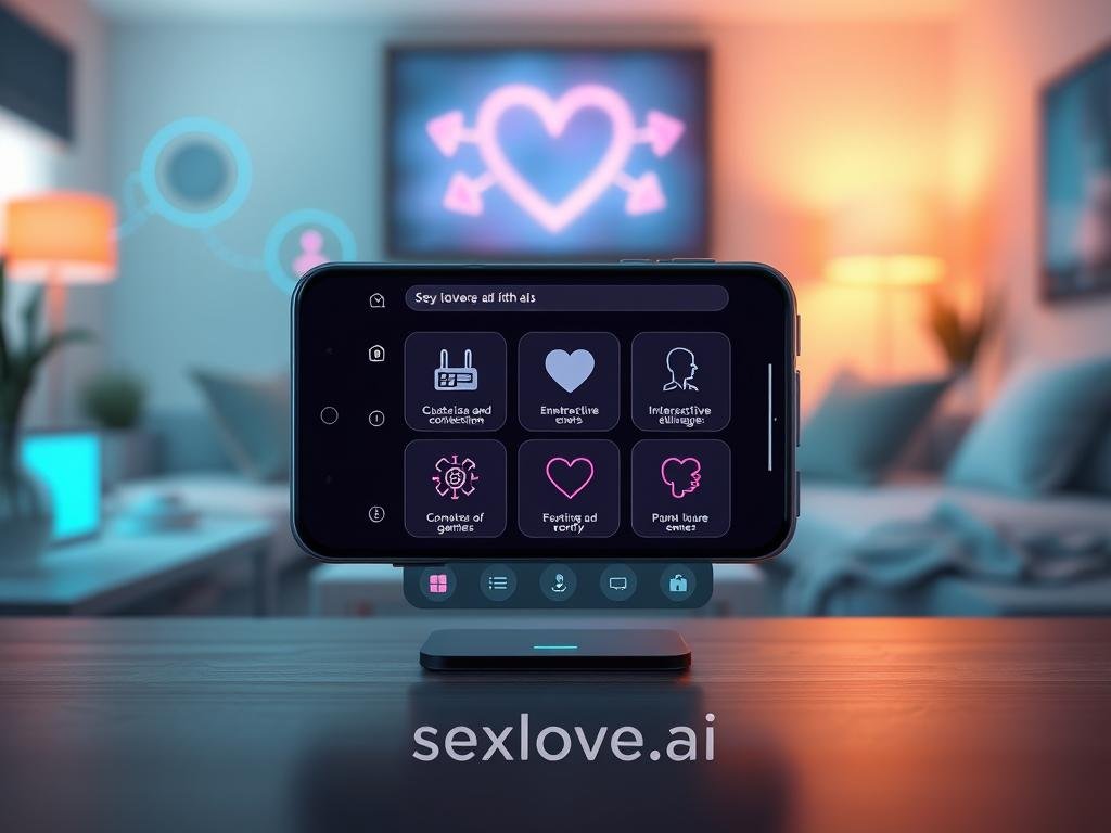 A visually engaging illustration showcasing the key features of AI girlfriend games. In the foreground, depict a sleek, modern smartphone displaying a user-friendly interface with icons representing customization options, interactive dialogues, and immersive environments. The middle ground includes abstract representations of emotional connection and AI learning, like glowing circuits and hearts, symbolizing the technology behind the games. In the background, a cozy virtual space gently lit with soft, warm lighting creates an inviting atmosphere. Use a subtle depth of field to emphasize the smartphone and features while keeping the background slightly blurred. The overall mood should be futuristic yet approachable, conveying innovation and companionship in the realm of AI. Include the brand name "sexlove.ai" subtly integrated into the design without text overlays.