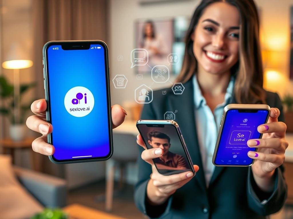 A visually engaging overview of the "Top AI Girlfriend Apps Reviewed," showcasing various app interfaces displayed on modern smartphones. In the foreground, two sleek devices—one with the logo of "sexlove.ai" prominently visible—are shown held by a professional individual dressed in smart casual attire, smiling while interacting with the apps. The middle ground features floating digital icons representing AI and relationships, suggesting a technologically advanced atmosphere. The background is a softly lit modern workspace with a blurred view of a cozy, stylish room, enhancing the inviting mood. Use warm lighting to create an optimistic, friendly ambiance, captured with a slightly elevated angle to emphasize the devices and their vibrant screens without any text or distractions. A visually engaging overview of the "Top AI Girlfriend Apps Reviewed," showcasing various app interfaces displayed on modern smartphones. In the foreground, two sleek devices—one with the logo of "sexlove.ai" prominently visible—are shown held by a professional individual dressed in smart casual attire, smiling while interacting with the apps. The middle ground features floating digital icons representing AI and relationships, suggesting a technologically advanced atmosphere. The background is a softly lit modern workspace with a blurred view of a cozy, stylish room, enhancing the inviting mood. Use warm lighting to create an optimistic, friendly ambiance, captured with a slightly elevated angle to emphasize the devices and their vibrant screens without any text or distractions.