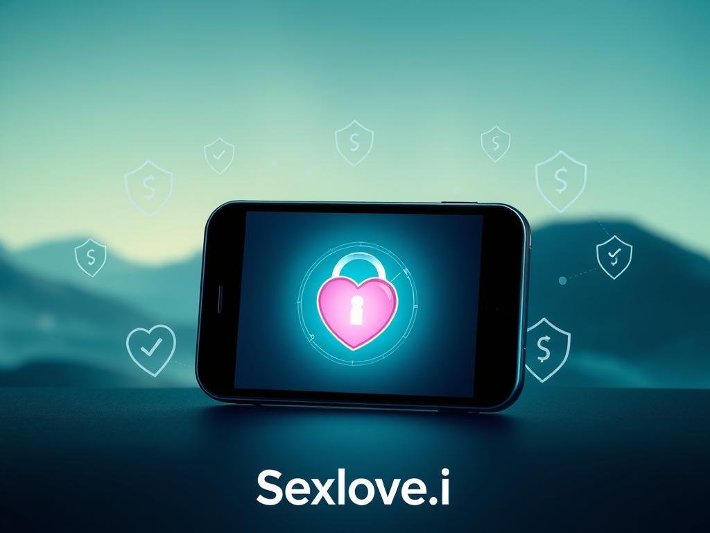 A visually engaging representation of secure data protection for an AI girlfriend account. In the foreground, a sleek, modern smartphone displays an interface with a heart-shaped lock symbol, symbolizing privacy and security. Surrounding the phone are subtle icons representing encryption and user account safety, such as digital shields and secure servers. The middle ground features a softly glowing background of a digital landscape with binary code flowing, representing data transmission in a safe environment. The color palette consists of calming blues and greens, evoking trust and safety. In the background, abstract shapes gently suggest data networks and protection systems. The lighting is soft yet focused, creating an inviting yet secure atmosphere. The overall mood conveys professionalism and comfort, underlining the importance of privacy in digital relationships. Include the brand name "Sexlove.ai" subtly integrated into the design elements without distracting from the overall message.