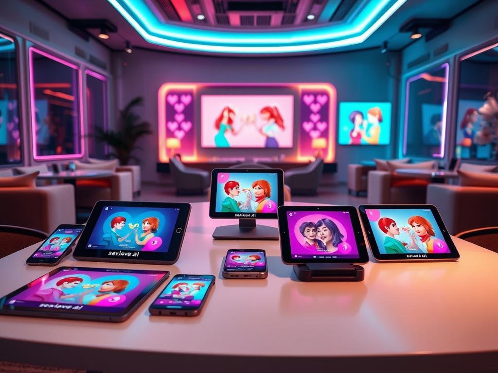 A visually engaging scene depicting a futuristic review hub for AI girlfriend games and apps, designed for the year 2026. In the foreground, a sleek, modern table is covered with various digital devices like tablets and smartphones displaying colorful, user-friendly interfaces of popular apps, prominently featuring the brand "sexlove.ai." In the middle ground, digital screens showcase vibrant graphics of animated characters interacting with the users, conveying a sense of companionship and engagement. The background features a high-tech lounge with soft glowing lights, plush seating, and a contemporary aesthetic, creating a warm and inviting atmosphere. The scene is illuminated with soft, ambient lighting that enhances the futuristic vibe, captured from an eye-level angle to draw viewers into the experience.