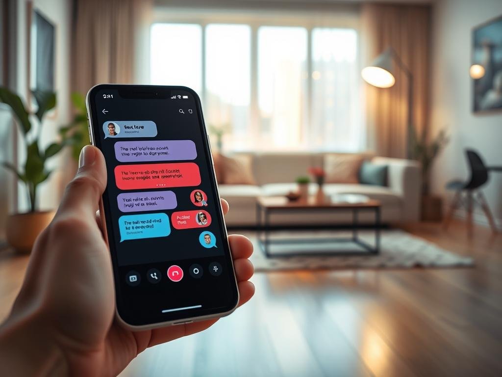 A visually engaging scene depicting a sleek smartphone displaying the interface of the 'sexlove.ai' app for AI girlfriend chats. The foreground features a close-up of the phone, showcasing vibrant chat bubbles with avatars, images, and video call options. In the middle, a softly lit modern living room setup with a cozy sofa, a stylish coffee table, and decorative plants, creating an inviting atmosphere. The background includes a window with warm natural light filtering in, emphasizing a comfortable and intimate ambiance. Use a shallow depth of field to draw attention to the phone while maintaining a blurry, serene background. The mood is warm and futuristic, suggesting real connections through advanced technology. The composition is professional and suitable for a tech article.