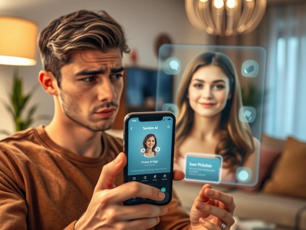 A visually engaging scene depicting common mistakes in interactions with an AI girlfriend. In the foreground, a young man looks confused while interacting with a smartphone displaying the Sexlove.ai app, his expression a mix of curiosity and frustration. In the middle ground, a holographic representation of a friendly AI girlfriend appears, her features warm yet slightly distorted to signify misunderstandings. The background features a cozy, modern living room setting with soft lighting, enhancing the intimate yet awkward atmosphere. Use a shallow depth of field to keep the focus on the characters while softly blurring the details in the background. The lighting is bright and inviting, conveying a light-hearted mood, while the overall composition reflects the theme of learning and growth in AI relationships. A visually engaging scene depicting common mistakes in interactions with an AI girlfriend. In the foreground, a young man looks confused while interacting with a smartphone displaying the Sexlove.ai app, his expression a mix of curiosity and frustration. In the middle ground, a holographic representation of a friendly AI girlfriend appears, her features warm yet slightly distorted to signify misunderstandings. The background features a cozy, modern living room setting with soft lighting, enhancing the intimate yet awkward atmosphere. Use a shallow depth of field to keep the focus on the characters while softly blurring the details in the background. The lighting is bright and inviting, conveying a light-hearted mood, while the overall composition reflects the theme of learning and growth in AI relationships.