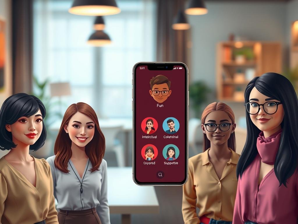 A visually engaging scene showcasing a digital interface of the AI girlfriend app "sexlove.ai." In the foreground, display diverse avatars representing different personality types, including a friendly companion, a sophisticated intellectual, a playful adventurer, and a caring confidante. Each avatar should exhibit unique styles, with variations in hair color, facial features, and attire, all in modern, modest clothing. In the middle layer, visualize an elegant smartphone interface with vibrant colors and user-friendly design elements, highlighting personality options like “fun,” “intellectual,” and “supportive.” The background should feature a soft-focus modern workspace with soft lighting, creating a warm and inviting atmosphere. The overall mood should be friendly and welcoming, emphasizing the range of choices available in the app. A visually engaging scene showcasing a digital interface of the AI girlfriend app "sexlove.ai." In the foreground, display diverse avatars representing different personality types, including a friendly companion, a sophisticated intellectual, a playful adventurer, and a caring confidante. Each avatar should exhibit unique styles, with variations in hair color, facial features, and attire, all in modern, modest clothing. In the middle layer, visualize an elegant smartphone interface with vibrant colors and user-friendly design elements, highlighting personality options like “fun,” “intellectual,” and “supportive.” The background should feature a soft-focus modern workspace with soft lighting, creating a warm and inviting atmosphere. The overall mood should be friendly and welcoming, emphasizing the range of choices available in the app.