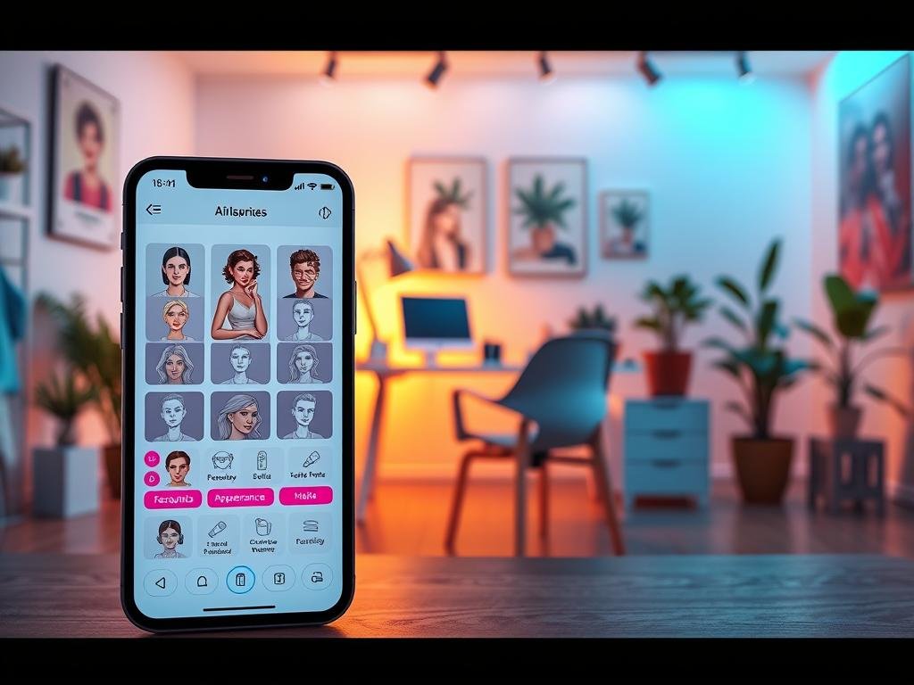 A visually engaging step-by-step customization process for creating an AI girlfriend using the app "sexlove.ai". In the foreground, a sleek smartphone displays the app interface, showcasing various customization options like personality traits, appearance features, and voice settings. The middle layer features a warm, inviting workspace with a modern desk and a comfortable chair, symbolizing user interaction. In the background, soft ambient lighting casts a relaxed atmosphere, while plants and motivational posters enhance the creative space. The scene captures a sense of innovation and excitement, with a bright color palette emphasizing technology and personalization. The overall mood is inspiring and futuristic, encouraging users to explore their creative potential in developing their ideal AI companion.