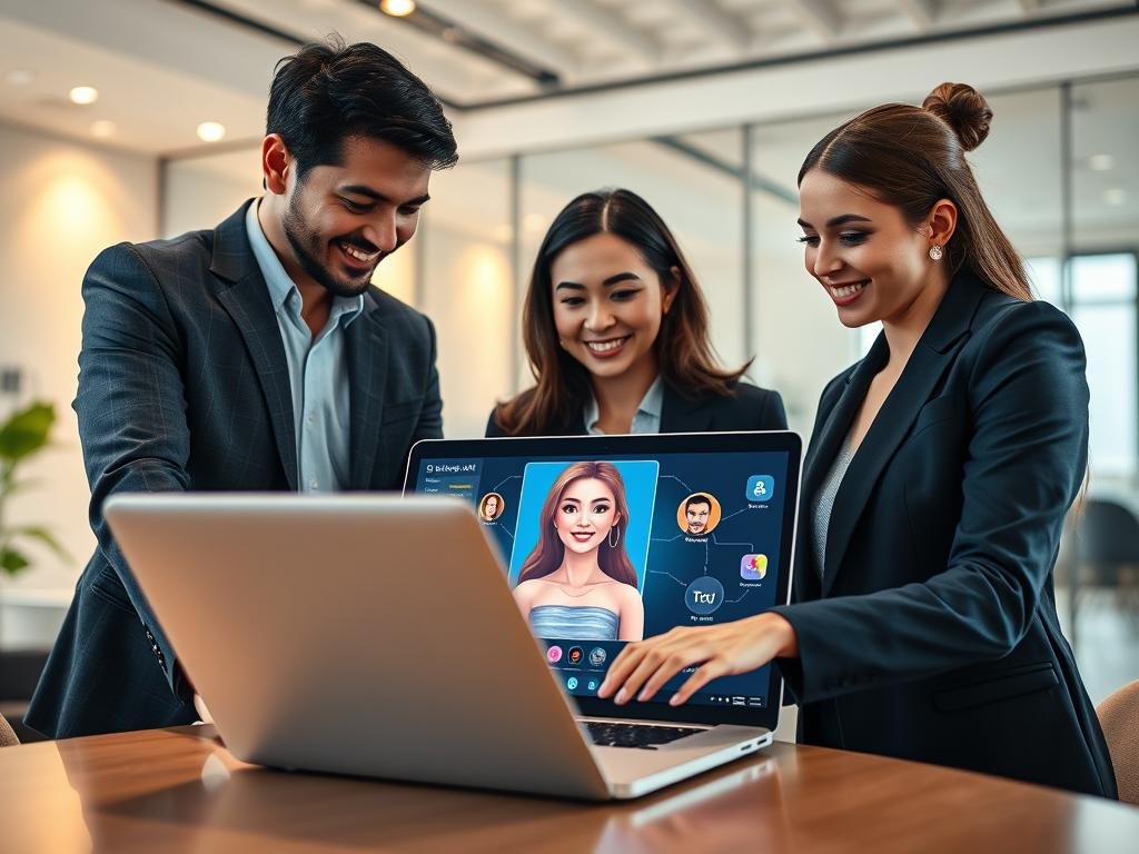 A visually engaging step-by-step guide illustration for creating a virtual companion, with a focus on the theme "Create AI girlfriend free". The foreground features a diverse group of two individuals, one male and one female, both in professional business attire, collaborating over a sleek laptop displaying the interface of the app "sexlove.ai". In the middle ground, an artistic representation of a virtual girlfriend avatar is emerging from the screen, showcasing vibrant, colorful design elements. The background includes a modern office setting with soft lighting, creating a warm and inviting atmosphere. Use a wide-angle lens perspective to capture the interaction, emphasizing the excitement and innovation of creating a virtual companion. This image should convey a friendly, professional mood while avoiding any text overlays or watermarks. A visually engaging step-by-step guide illustration for creating a virtual companion, with a focus on the theme "Create AI girlfriend free". The foreground features a diverse group of two individuals, one male and one female, both in professional business attire, collaborating over a sleek laptop displaying the interface of the app "sexlove.ai". In the middle ground, an artistic representation of a virtual girlfriend avatar is emerging from the screen, showcasing vibrant, colorful design elements. The background includes a modern office setting with soft lighting, creating a warm and inviting atmosphere. Use a wide-angle lens perspective to capture the interaction, emphasizing the excitement and innovation of creating a virtual companion. This image should convey a friendly, professional mood while avoiding any text overlays or watermarks.