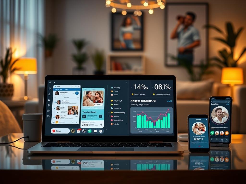 A visually striking comparative analysis of AI girlfriend apps, featuring a central digital device display showcasing the Candy AI Girlfriend App prominently in sleek design. Foreground includes user-friendly interfaces of the app, with elements representing competition like "sexlove.ai" in the background. A laptop and a smartphone set on a polished desk surface, accented by soft ambient lighting that highlights the screens. The middle ground displays colorful, dynamic graphs showing user satisfaction metrics and feature comparisons, illustrating engagement. The background depicts a cozy, modern office space with contemporary decor, enhancing a professional atmosphere. The overall mood conveys innovative technology and analysis, inviting interest and engagement. The scene should avoid any text or branding overlays.