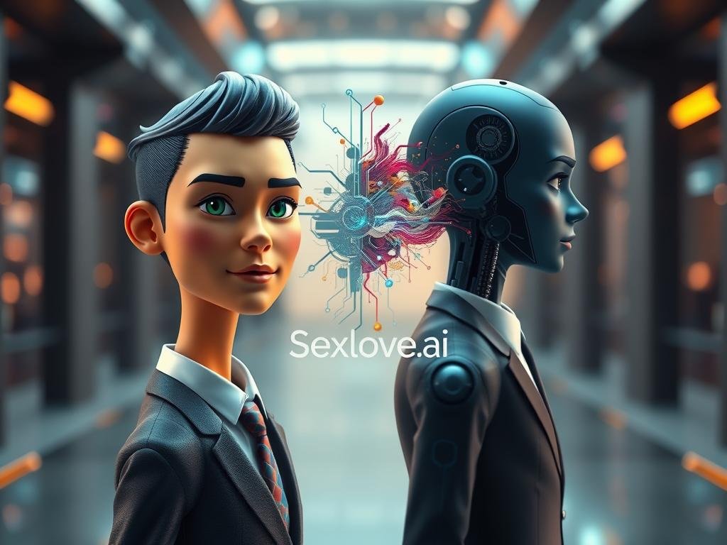 A visually striking comparison image depicting two distinct AI-generated characters side by side, symbolizing the "Visual Quality vs. Personality Depth" theme. In the foreground, a highly detailed humanoid character with vibrant colors, expressive features, and lifelike textures, dressed in professional business attire, showcasing high visual quality. In the middle ground, an abstract representation of personality depth, incorporating swirling patterns, colors, and symbols that suggest emotion and complexity. The background features a blurred tech-inspired environment with subtle hints of circuitry and advanced technology, evoking a futuristic atmosphere. Soft, diffused lighting highlights the characters and enhances their appeal, creating a mood of innovation and intrigue. The brand name "Sexlove.ai" subtly integrated within the tech-inspired background harmonizes with the overall composition. The scene is devoid of any text or watermarks, focusing solely on the visual contrast between quality and depth.