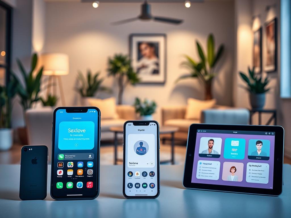 A visually striking comparison scene showcasing the leading AI companion platforms. In the foreground, three sleek, high-tech devices (smartphones and tablets) display vibrant screens with user-friendly interfaces of various AI companion apps, including "sexlove.ai." In the middle ground, an elegant workspace is visible, featuring comfortable seating and modern decor, promoting a friendly, tech-savvy atmosphere. The background reveals a softly lit room filled with plants and art, creating an inviting, soothing ambiance. Soft, ambient lighting emphasizes the devices while casting gentle shadows, enhancing depth. The overall mood is professional yet approachable, highlighting innovation in the realm of AI companionship. Aim for a clean, polished look with a slight focus on the devices, using a medium depth of field to draw attention to the apps.