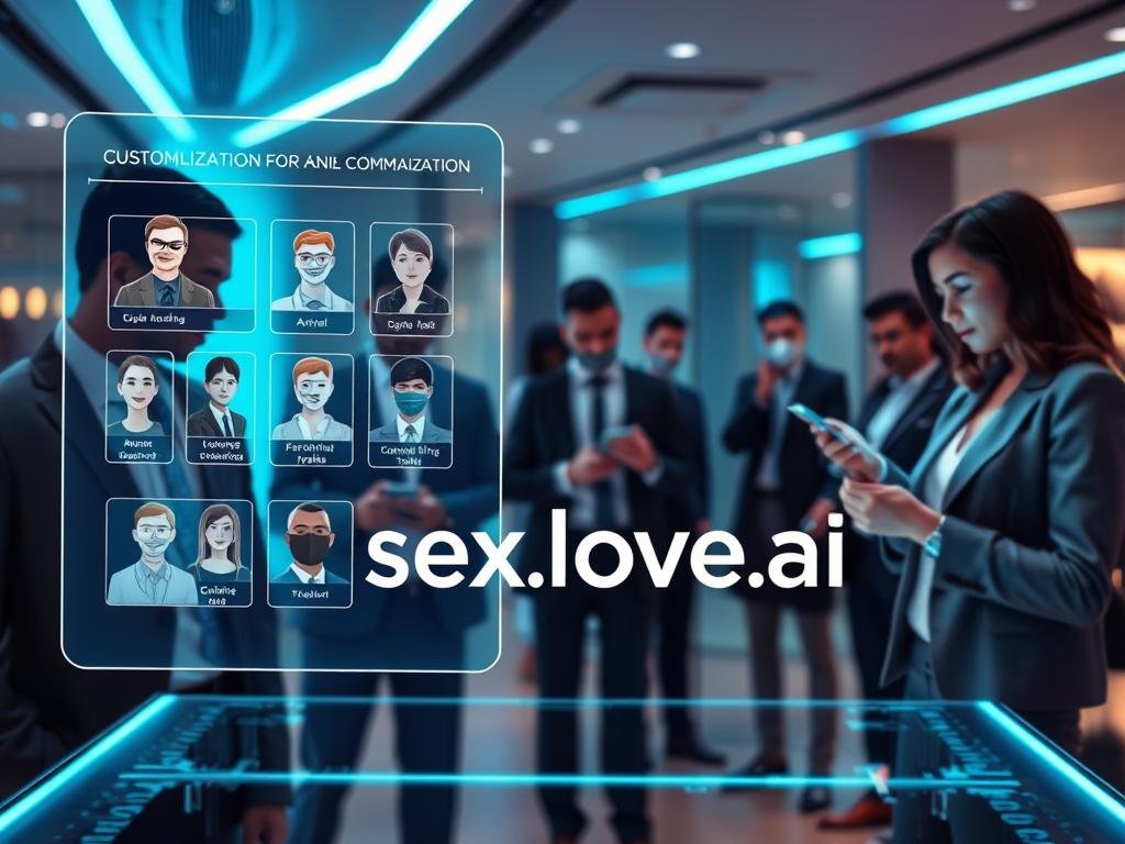 A visually striking depiction of innovative personalization and customization options for virtual companions, focusing on a futuristic digital interface. In the foreground, a sleek, holographic display showcases various customization modules including avatars, personality traits, and interactive features designed for a virtual companion app. The middle ground features a diverse group of individuals, dressed in professional business attire, interacting with devices showcasing the app’s capabilities. The background presents a modern, high-tech environment, with soft blue and green lighting enhancing the mood, suggesting a blend of technology and comfort. The atmosphere should feel engaging and future-forward, emphasizing the theme of personalization as part of the user experience. Include the brand name "sexlove.ai" subtly integrated into the holographic interface without overwhelming the design. A visually striking depiction of innovative personalization and customization options for virtual companions, focusing on a futuristic digital interface. In the foreground, a sleek, holographic display showcases various customization modules including avatars, personality traits, and interactive features designed for a virtual companion app. The middle ground features a diverse group of individuals, dressed in professional business attire, interacting with devices showcasing the app’s capabilities. The background presents a modern, high-tech environment, with soft blue and green lighting enhancing the mood, suggesting a blend of technology and comfort. The atmosphere should feel engaging and future-forward, emphasizing the theme of personalization as part of the user experience. Include the brand name "sexlove.ai" subtly integrated into the holographic interface without overwhelming the design.