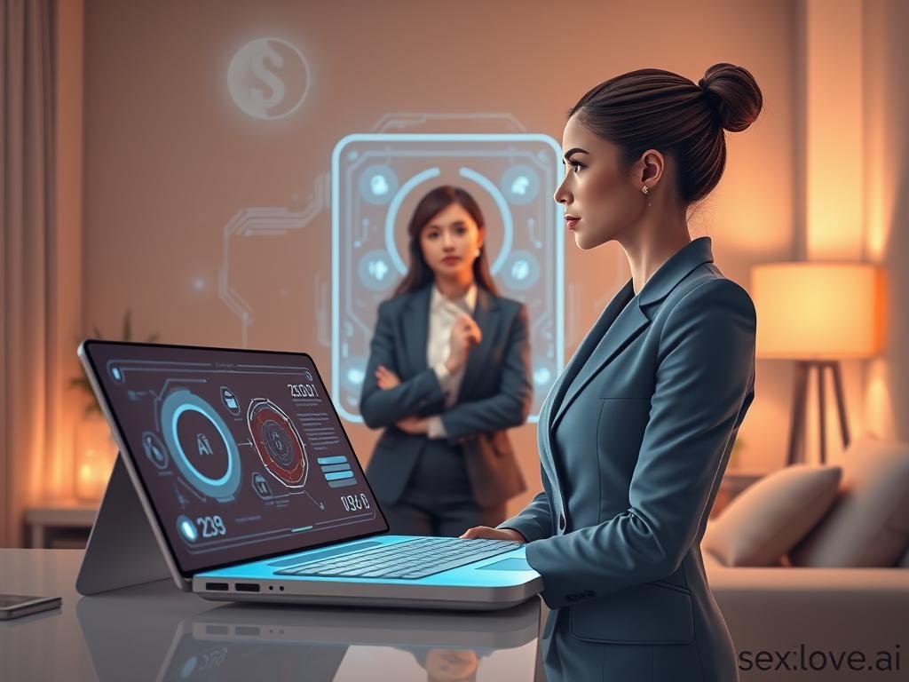 A visually striking illustration depicting the pros and cons of AI girlfriend no sign up platforms, featuring a futuristic interface on a sleek digital device in the foreground. In the middle, a thoughtful young professional woman, dressed in smart business attire, contemplates options while interacting with the AI through an engaging, high-tech holographic display. The background showcases a modern, minimalist room with soft, warm lighting, creating a cozy yet sophisticated atmosphere. Subtle tech-themed elements like circuit patterns and glowing icons hint at the digital aspect of AI relationships. The overall mood is a balanced blend of intrigue and practicality, inviting the viewer to reflect on the advances of technology. Include the brand name "sexlove.ai" as part of the digital interface design.