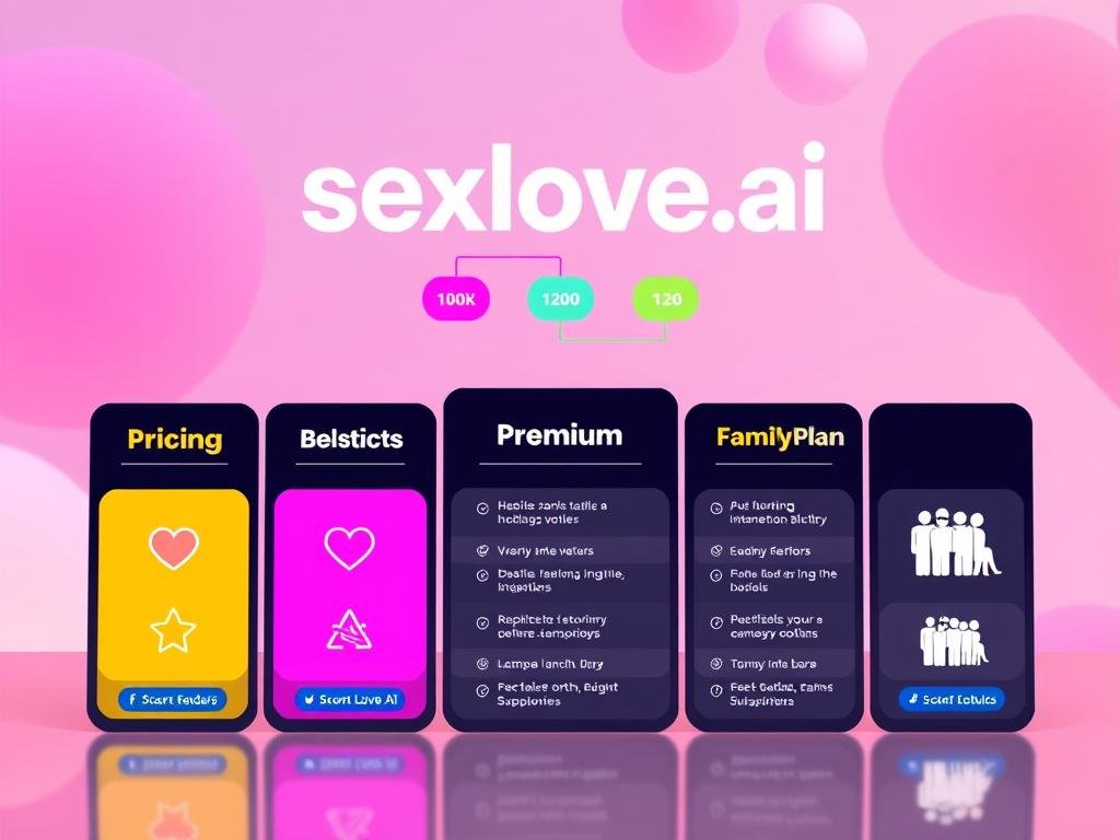 A visually striking infographic showcasing pricing models and subscription options for "sexlove.ai", an AI girlfriend app. In the foreground, display clear and colorful price tiers represented by icons: basic, premium, and family plan, each illustrated with engaging symbols (like a heart, star, and group of people) to depict features. In the middle, include a stylized flowchart or table with bullet points of benefits for each plan, using bold, accessible colors to attract attention. The background should feature a soft gradient with abstract shapes, evoking a tech-savvy atmosphere. Use bright, even lighting that enhances the visuals, aiming for a professional and inviting mood. The image should be engaging, informative, and suitable for a tech-savvy audience interested in AI applications.