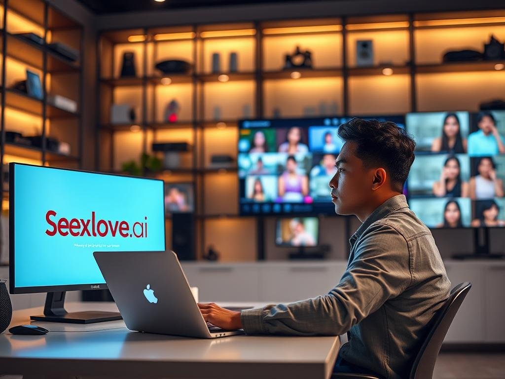 A visually striking scene featuring a modern workspace where a person interacts with an advanced AI girlfriend video generator interface. In the foreground, a diverse individual of Asian descent, dressed in casual yet professional attire, is seated comfortably at a sleek desk, looking thoughtfully at a laptop displaying the "Sexlove.ai" logo prominent on the screen. The middle ground includes a large monitor showcasing vibrant, engaging video thumbnails of various AI-generated girlfriend videos, exuding a colorful and inviting atmosphere. The background is softly illuminated with warm lighting, featuring elements of technology like shelves filled with devices and ambient screens. The mood is focused and modern, highlighting innovation in AI technology and the enjoyment of personalized virtual companionship. The angle is slightly elevated, creating depth and emphasizing the interaction between the user and the AI.