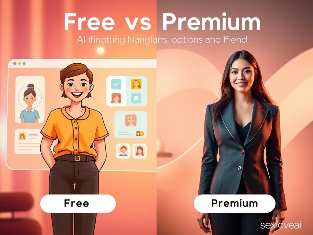 A visually striking split-image composition illustrating "Free vs Premium AI Girlfriend Options" for the article section titled "Free vs Premium: Navigating Your Options." On the left, a vibrant, inviting digital interface representing a free AI girlfriend, showcasing cheerful graphics, warm colors, and a friendly avatar in modest casual clothing. On the right, a sleek, modern design symbolizing a premium AI girlfriend experience, featuring an elegant avatar in professional business attire, with a sophisticated color palette. The background features soft, abstract tech-inspired elements to convey innovation. Use soft, warm lighting for the free side and cooler, more polished lighting for the premium side. Capture an uplifting yet contrasting mood that emphasizes choice and quality. Brand name: sexlove.ai.