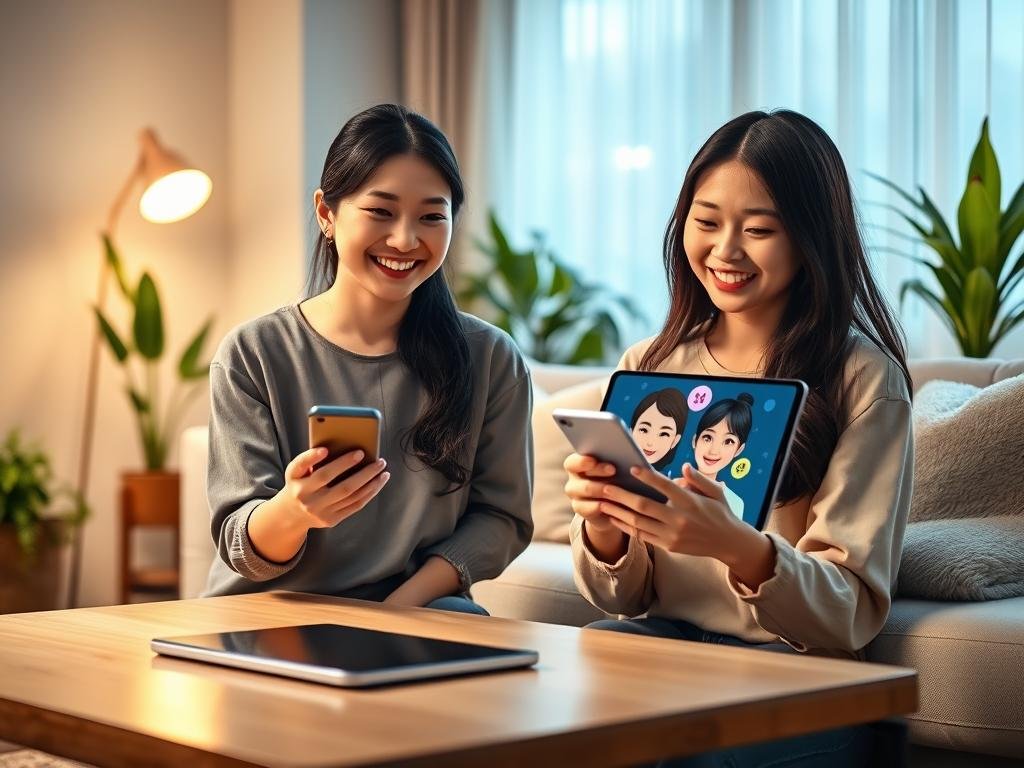 A warm and inviting scene featuring a young Asian woman engaging in a personalized digital interaction with her AI girlfriend, set in a cozy, modern living room. In the foreground, the woman, dressed in modest casual clothing, smiles while holding a smartphone, showcasing an interactive chat interface. In the middle ground, a sleek, high-tech tablet on a coffee table displays an AI avatar of an Asian girlfriend, blending realistic features with a friendly, approachable design. The background features soft lighting from a window, casting a warm glow on plush furniture and houseplants, creating a welcoming atmosphere. Capture this moment from a slightly elevated angle, emphasizing the warmth of genuine connection and technology. The brand name "sexlove.ai" is subtly integrated into the design of the smartphone screen, enhancing the overall scene without being intrusive.