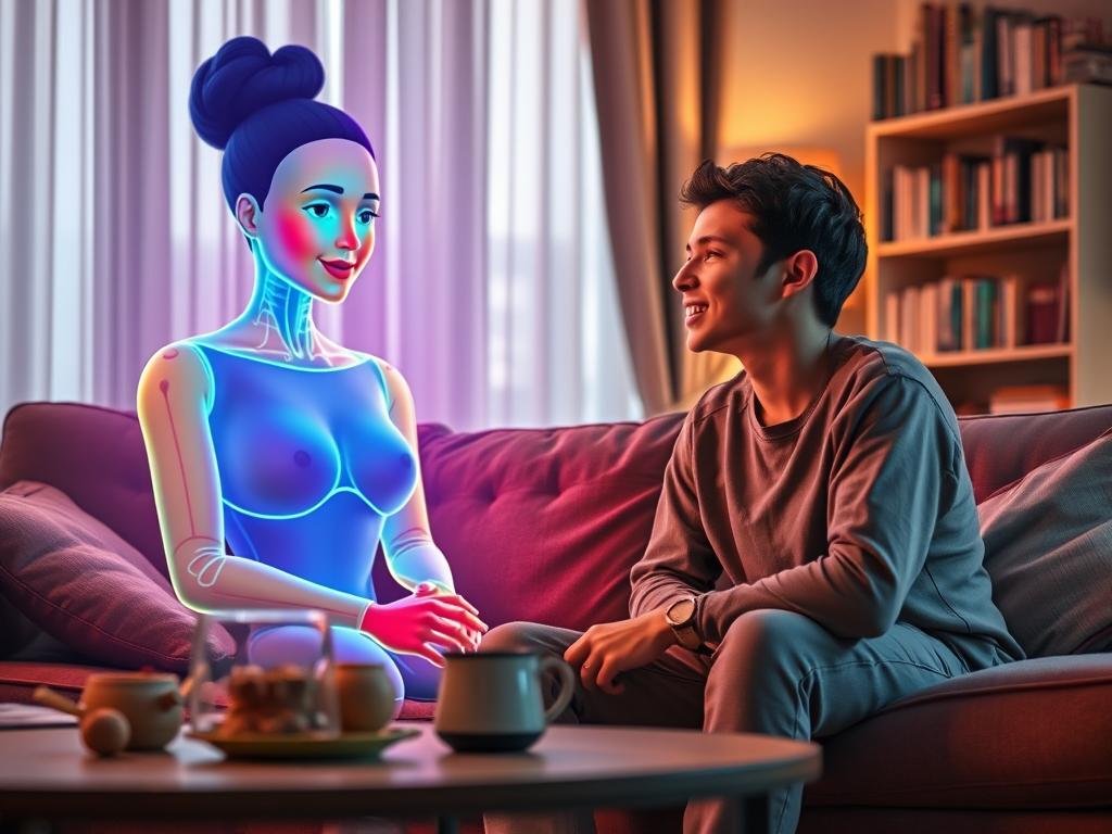 A warm, inviting living room scene showcasing a person sitting comfortably on a plush couch, engaging with a holographic AI girlfriend projected in vibrant colors. The AI figure appears friendly and approachable, with an expressive face and glowing features, conveying personality and warmth. In the foreground, the human subject, a young adult in modest casual clothing, leans forward, immersed in conversation, with soft facial expressions that convey connection and emotion. The middle ground includes a small coffee table with a steaming cup and thoughtful decor, while the background features a cozy bookshelf filled with books and a gently lit window with curtains drawn aside, allowing soft, natural light to filter in, creating an intimate atmosphere. The overall mood is one of comfort and emotional bonding, emphasizing the theme of connection. This scene is inspired by the brand "Sexlove.ai".