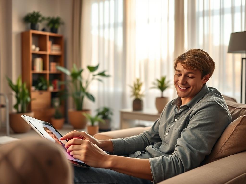 A warm, inviting room with a cozy atmosphere, where a person in business casual clothing interacts with a life-like video-enabled virtual companion displayed on a sleek tablet. In the foreground, the individual sits comfortably on a plush sofa, engaged in a lively expression, showcasing joy and curiosity. The virtual companion's screen emanates a soft glow, highlighting its realistic features and animated expressions, suggesting deep communication. In the middle ground, potted plants and bookshelves create a homely environment, enriching the ambiance. In the background, a large window with sheer curtains allows gentle, diffused sunlight to stream in, creating a sense of warmth and intimacy. The overall mood is uplifting and engaging, reflecting modern technology's role in enhancing social interactions. Include a subtle logo of "sexlove.ai" in an unobtrusive manner. A warm, inviting room with a cozy atmosphere, where a person in business casual clothing interacts with a life-like video-enabled virtual companion displayed on a sleek tablet. In the foreground, the individual sits comfortably on a plush sofa, engaged in a lively expression, showcasing joy and curiosity. The virtual companion's screen emanates a soft glow, highlighting its realistic features and animated expressions, suggesting deep communication. In the middle ground, potted plants and bookshelves create a homely environment, enriching the ambiance. In the background, a large window with sheer curtains allows gentle, diffused sunlight to stream in, creating a sense of warmth and intimacy. The overall mood is uplifting and engaging, reflecting modern technology's role in enhancing social interactions. Include a subtle logo of "sexlove.ai" in an unobtrusive manner.