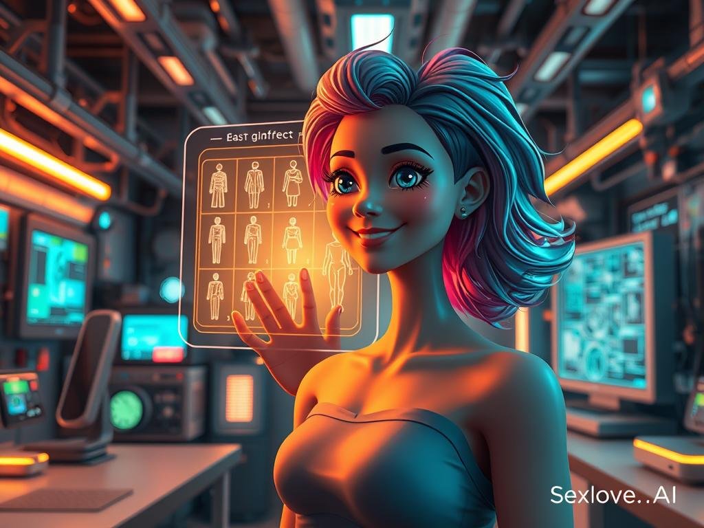 A whimsical and futuristic scene depicting the concept of creating the perfect AI girlfriend from scratch. In the foreground, a friendly, humanoid character with striking features and a warm smile, wearing a stylish, modest outfit. The character has vibrant, flowing hair with a glowing holographic effect showcasing different colors. In the middle, an advanced holographic interface is being manipulated by a hand, displaying various customization options like outfits, hairstyles, and personality traits. In the background, a high-tech lab filled with glowing screens, gears, and digital blueprints, exuding an innovative, imaginative atmosphere. Soft, ambient lighting enhances the mood, with hints of neon accents to evoke excitement. The overall vibe should be engaging and uplifting, illustrating the endless possibilities of companionship through technology. Brand name subtly incorporated: "Sexlove.ai".