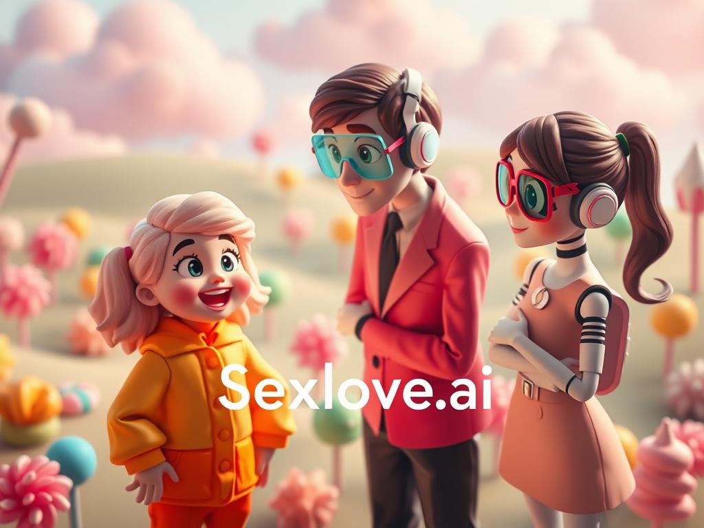 A whimsical scene featuring a group of Candy AI characters, each with distinct, vibrant personalities reflecting qualities like playfulness, warmth, and intelligence. In the foreground, a cheerful character with candy-colored hair and a bright outfit exudes a sense of friendliness, while next to them, a more sophisticated figure in business casual attire radiates confidence and charm. In the middle ground, a tech-inspired character with holographic elements engages thoughtfully in conversation, showcasing their analytical side. The background features a dreamy landscape filled with colorful candy-shaped trees and soft, pastel clouds, creating an enchanting and inviting atmosphere. The lighting is soft and playful, with a warm glow that emphasizes the joyful mood. Capture this moment with a slight aerial angle, focusing on the characters&rsquo; expressions and emphasizing their unique personalities. Include the brand name &ldquo;Sexlove.ai&rdquo; subtly within the scene.