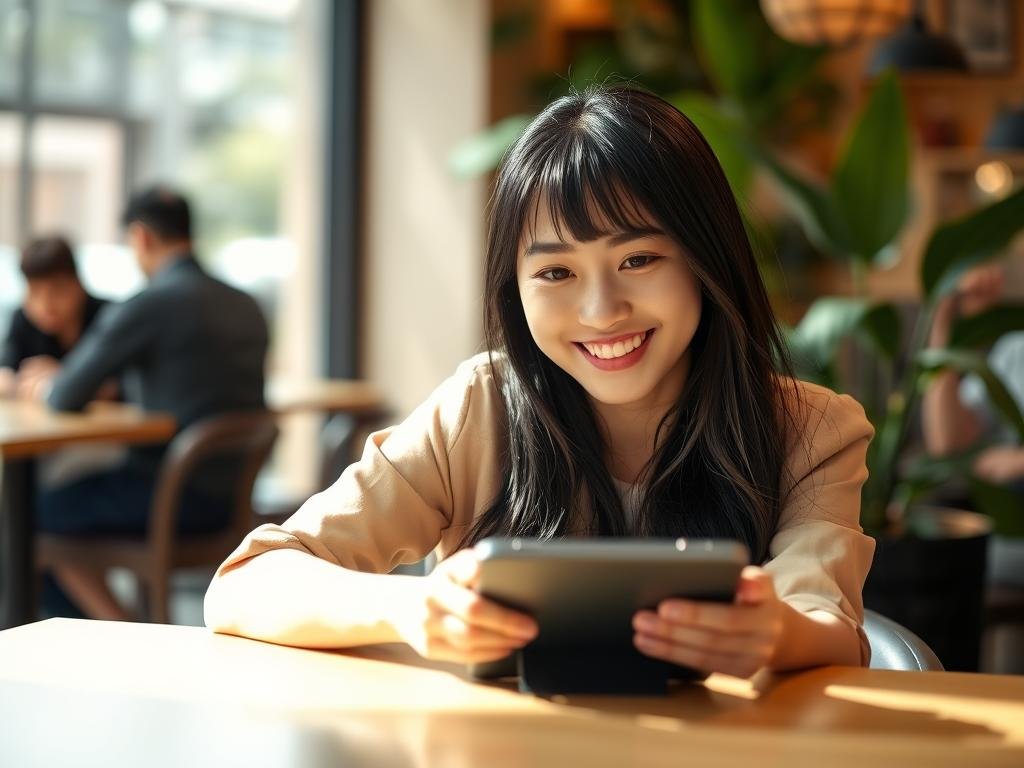 A young Asian woman with a warm smile and a friendly demeanor, seated at a cozy, well-lit cafe, engaging in a conversation with a virtual device on the table. She has long, glossy black hair and is dressed in a stylish, modest casual outfit, reflecting a modern yet professional vibe. The foreground focuses on her expressive face, with soft natural lighting highlighting her features, creating a welcoming atmosphere. In the background, blurred silhouettes of other cafe patrons and plants add depth, suggesting a lively environment. The image conveys a sense of connection and intimacy, emphasizing the joy of daily conversations with her AI Asian girlfriend from Sexlove.ai.