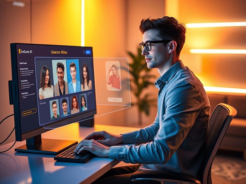 A young, tech-savvy individual sits at a sleek desk in a modern, warmly lit room, focused on a computer screen displaying an interactive AI application, showcasing a customizable AI girlfriend interface from "sexlove.ai". In the foreground, the individual, dressed in smart casual attire, interacts with the program, their expression a blend of curiosity and excitement. In the middle ground, a floating holographic display illustrates various AI characters, emphasizing the user&rsquo;s selection process. The background features soft ambient lighting with LED strip lights, adding a futuristic feel. The atmosphere is engaging and innovative, capturing the essence of personalization in AI technology, while the entire scene conveys a sense of creativity and modernity, without any explicit elements.