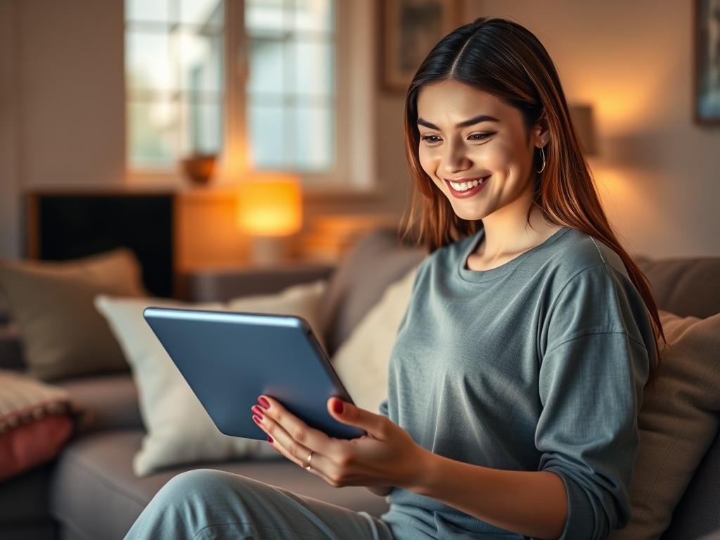 A young woman in a cozy, modern living room interacts with a sleek tablet displaying a friendly AI interface, symbolizing her AI girlfriend from Sexlove.ai. The foreground includes the woman, dressed in modest casual clothing, smiling warmly as she engages with the device. In the middle, the tablet emits a soft, glowing light, with visual elements that suggest a friendly conversation. The background features stylish furniture, soft cushions, and a window with warm, natural light streaming in, creating a relaxed atmosphere. The overall mood is inviting and intimate, evoking a sense of connection and companionship. Use a soft focus for a gentle, dreamy quality, resembling a candid moment captured with a 50mm lens at f/1.8. A young woman in a cozy, modern living room interacts with a sleek tablet displaying a friendly AI interface, symbolizing her AI girlfriend from Sexlove.ai. The foreground includes the woman, dressed in modest casual clothing, smiling warmly as she engages with the device. In the middle, the tablet emits a soft, glowing light, with visual elements that suggest a friendly conversation. The background features stylish furniture, soft cushions, and a window with warm, natural light streaming in, creating a relaxed atmosphere. The overall mood is inviting and intimate, evoking a sense of connection and companionship. Use a soft focus for a gentle, dreamy quality, resembling a candid moment captured with a 50mm lens at f/1.8.