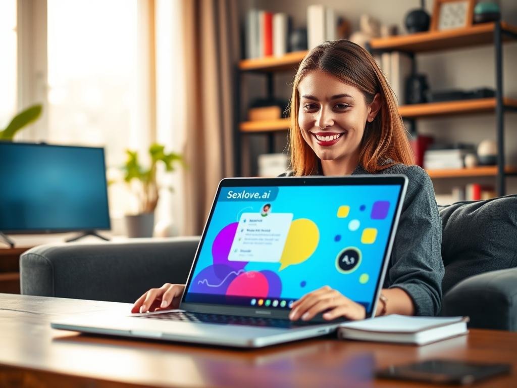 A young woman sitting comfortably at a stylish desk in a modern, tech-savvy home office, engaging with her AI girlfriend chatbot on a sleek laptop. She has a cheerful expression, dressed in casual yet professional attire, her hair neatly styled. In the foreground, the laptop screen displays a friendly, abstract representation of the AI chatbot interface, featuring vibrant, colorful elements that suggest a welcoming conversation. The background is softly blurred, showcasing shelves with books and tech gadgets, illuminated by warm, natural light streaming through a window, creating an inviting atmosphere. The overall mood is light-hearted and optimistic, reflecting the excitement of digital companionship with the brand name &ldquo;sexlove.ai&rdquo; subtly incorporated in the chatbot interface design.