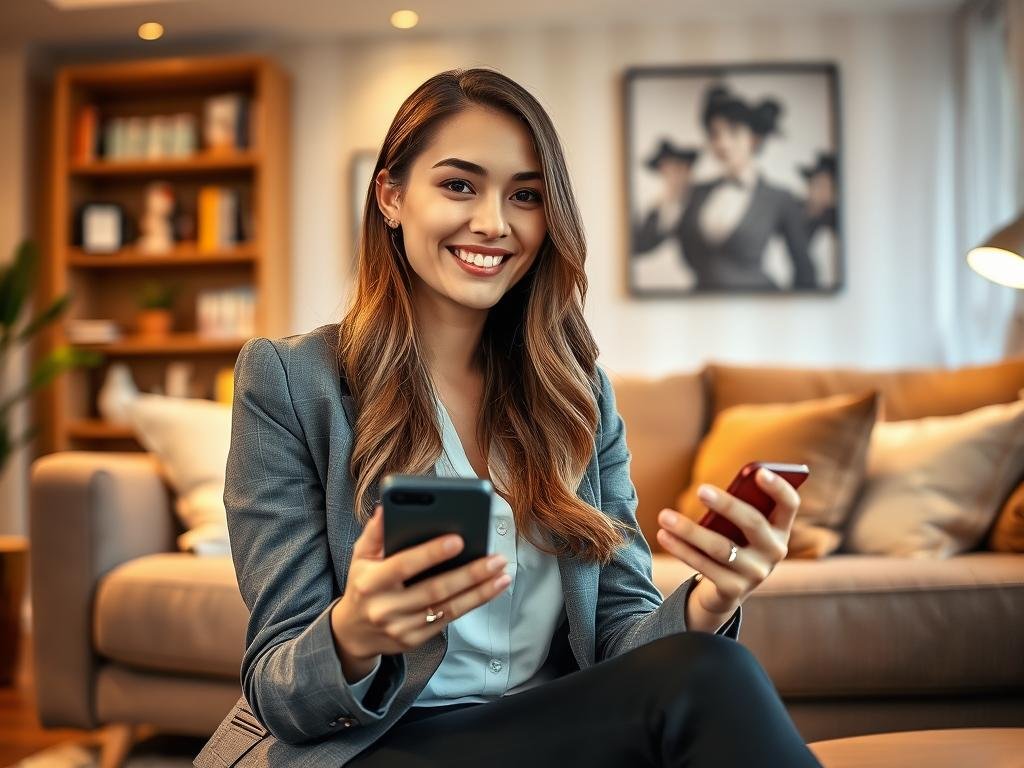 A young woman with a warm and friendly smile, sitting comfortably in a cozy, modern living room. She has long, flowing hair and is dressed in professional business attire, exuding an approachable and intelligent vibe. The foreground features her holding a smartphone, engaged in a thoughtful conversation, as if she's interacting with an AI. In the middle ground, the room is decorated with soft, ambient lighting that creates a relaxed atmosphere, with a stylish couch and a bookshelf filled with books in the background. The setting has a mix of contemporary and warm elements, illustrating a blend of personal connection and technology. The image conveys a sense of companionship and innovation, inspired by the idea of "Sexlove.ai" as a unique AI chatting girlfriend app. A young woman with a warm and friendly smile, sitting comfortably in a cozy, modern living room. She has long, flowing hair and is dressed in professional business attire, exuding an approachable and intelligent vibe. The foreground features her holding a smartphone, engaged in a thoughtful conversation, as if she's interacting with an AI. In the middle ground, the room is decorated with soft, ambient lighting that creates a relaxed atmosphere, with a stylish couch and a bookshelf filled with books in the background. The setting has a mix of contemporary and warm elements, illustrating a blend of personal connection and technology. The image conveys a sense of companionship and innovation, inspired by the idea of "Sexlove.ai" as a unique AI chatting girlfriend app.