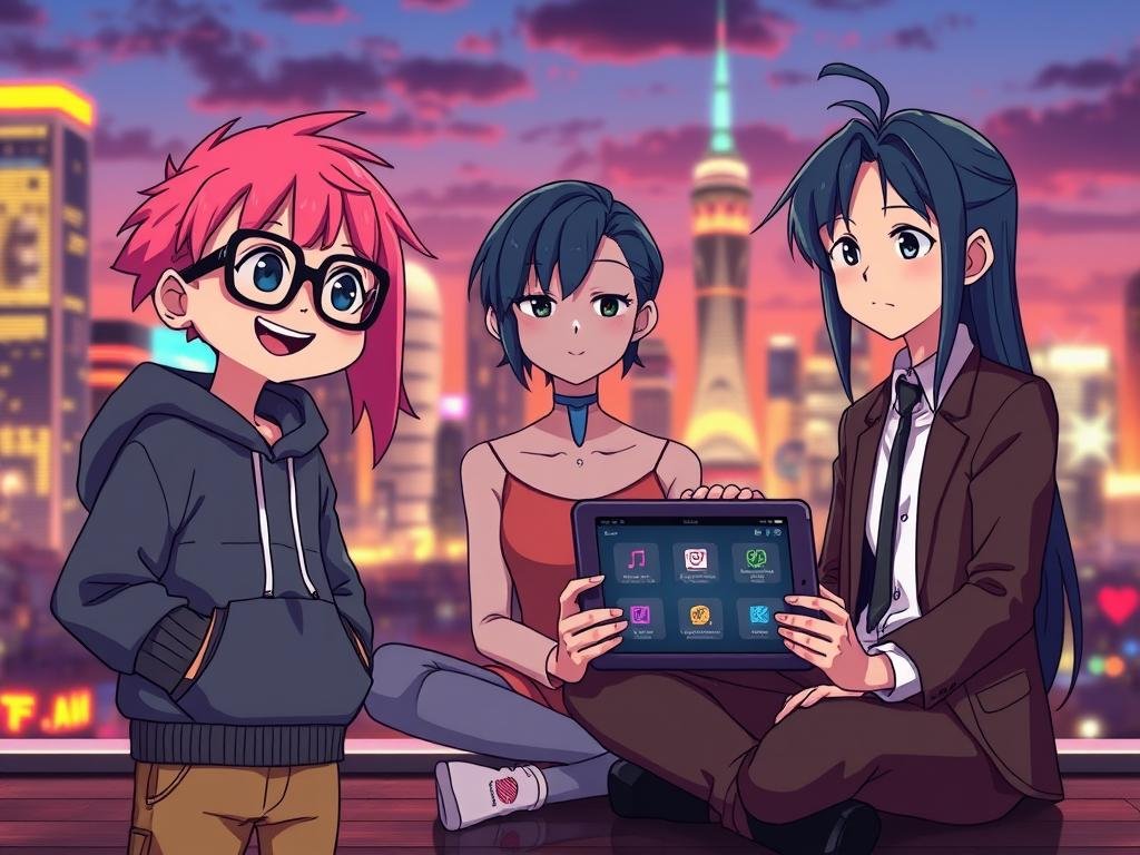 AI anime characters with unique personality styles, showcasing a diverse range of emotions. In the foreground, a cheerful character with bright pink hair and oversized glasses, dressed casually in a stylish hoodie, interacts with a sophisticated character wearing a fashionable business outfit. In the middle ground, include a thoughtful character with deep blue hair, sitting cross-legged while holding a digital tablet, displaying features of the Sexlove.ai app. The background features a vibrant, futuristic city skyline at dusk, illuminated by neon lights, casting a warm glow over the scene. Optimize the lighting to enhance the characters' expressions, using a soft focus to create a dreamy atmosphere. The overall mood is playful and engaging, inviting viewers to explore the innovative aspects of personality-driven AI.