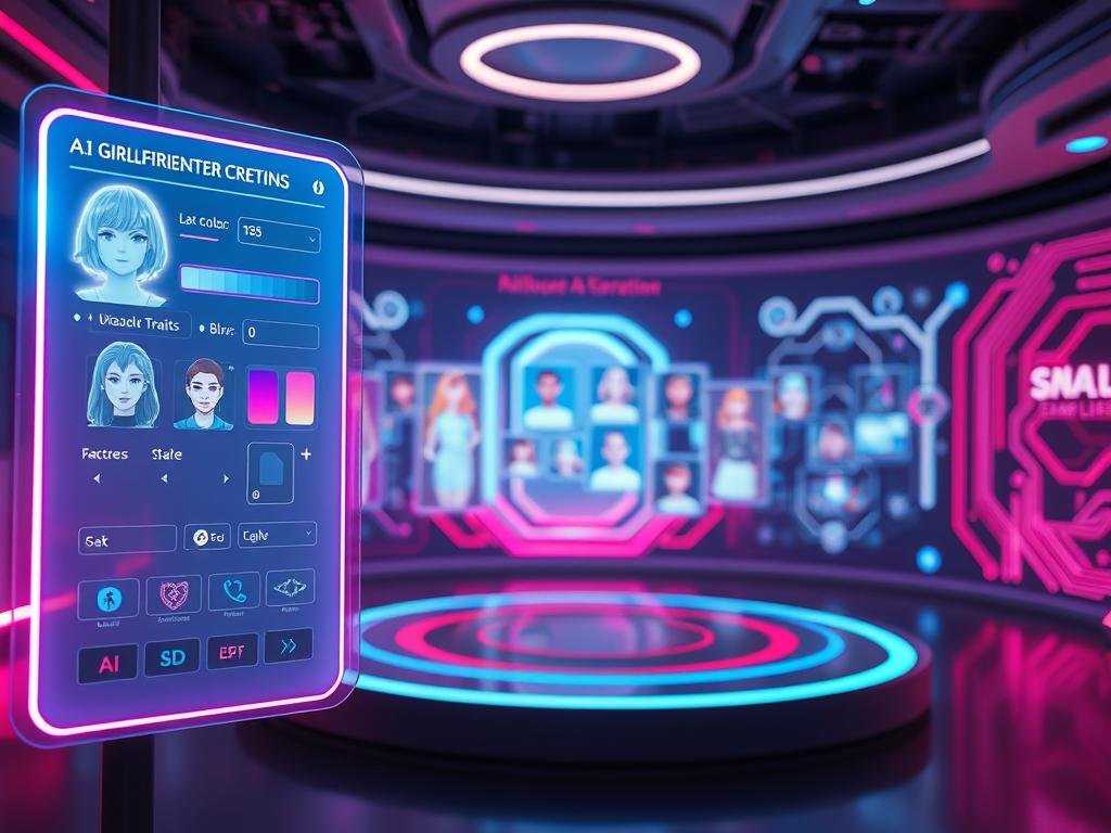 AI girlfriend character creation settings screen, showcasing a futuristic, interactive interface. In the foreground, a holographic display features customizable attributes like hair color, eye shape, and personality traits, illuminated by soft neon blue and pink lights to create a vibrant atmosphere. In the middle, a sleek, modern digital workspace with various AI character designs on floating panels, each reflecting different styles and appearances, suggests endless customization options. The background reveals a tech-savvy environment with glowing circuit patterns and abstract digital art, enhancing the futuristic feel. Soft, ambient lighting sets a warm and inviting mood, while the perspective is slightly angled, offering a dynamic view of the interface. Emphasize the brand "Sexlove.ai" subtly integrated into the design elements, ensuring a polished, professional look suitable for showcasing cutting-edge AI technology. AI girlfriend character creation settings screen, showcasing a futuristic, interactive interface. In the foreground, a holographic display features customizable attributes like hair color, eye shape, and personality traits, illuminated by soft neon blue and pink lights to create a vibrant atmosphere. In the middle, a sleek, modern digital workspace with various AI character designs on floating panels, each reflecting different styles and appearances, suggests endless customization options. The background reveals a tech-savvy environment with glowing circuit patterns and abstract digital art, enhancing the futuristic feel. Soft, ambient lighting sets a warm and inviting mood, while the perspective is slightly angled, offering a dynamic view of the interface. Emphasize the brand "Sexlove.ai" subtly integrated into the design elements, ensuring a polished, professional look suitable for showcasing cutting-edge AI technology.