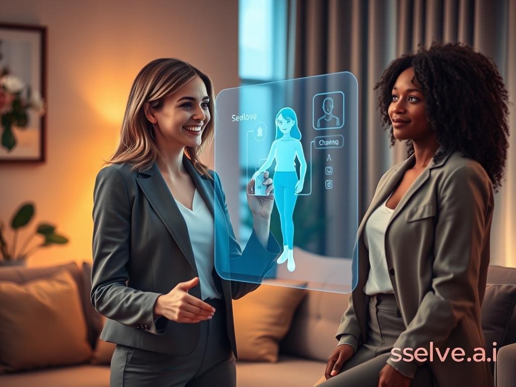 AI girlfriend companions in a cozy, modern living room setting, featuring two diverse female figures engaging with advanced holographic technology, representing the concept of virtual relationships. One woman, with light brown hair styled in a professional look, wearing a smart casual outfit, is smiling as she interacts with a holographic projection of a charming virtual companion. The second woman, a Black woman with natural hair, dressed in a stylish but relaxed outfit, observes the interaction with curiosity. The background is softly lit, with warm ambient lighting and sleek furniture, creating an inviting atmosphere. A nearby window allows natural light to filter in, enhancing the cozy vibe. The scene captures a harmonious blend of technology and companionship, illustrating the potential of AI relations without negative connotations. The brand &ldquo;Sexlove.ai&rdquo; subtly integrated into the decor, ensuring the image remains focused on the theme of AI companionship in a positive light.