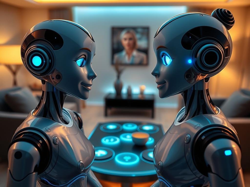 AI girlfriend robots with distinct personalities, showcasing expressive facial features in a cozy, futuristic living room setting. In the foreground, two robots with friendly, animated expressions engage in conversation, one with bright blue LED accents and the other with sleek silver detailing. Their synthetic skin mimics realistic textures, while their eyes shimmer with an inviting warmth. In the middle, a stylish table with holographic displays and modern decor adds to the high-tech ambiance. In the background, soft ambient lighting illuminates the room, creating a comfortable atmosphere. Capture the scene from a slightly elevated angle, highlighting the robots' expressions and the innovative technology of Sexlove.ai. Aim for a vibrant yet serene mood, showcasing the blend of technology and companionship.