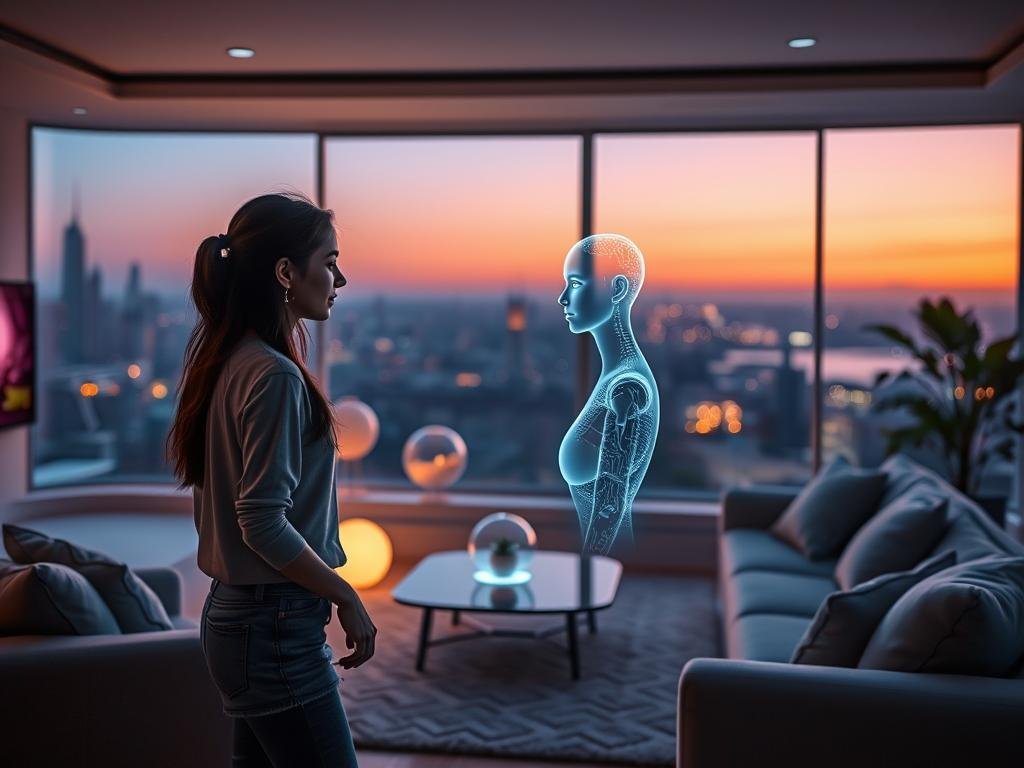 An AI girlfriend chatbot experience set in a sleek, futuristic living room, where a digital interface displays an intimate conversation. In the foreground, a young woman in casual yet stylish clothing interacts with a holographic AI figure, depicted as an ethereal, glowing presence with gentle features, emanating warmth and friendliness. The middle of the scene features modern, minimalist furniture, soft cushions, and mood lighting with a calming color palette of blues and purples, creating an inviting ambiance. In the background, a large window opens to a serene urban landscape, with twilight illuminating the skyline. The overall mood should evoke a sense of connection and comfort, emphasizing the innovation of "sexlove.ai" and the emotional support provided by AI girlfriend chatbots in 2026.