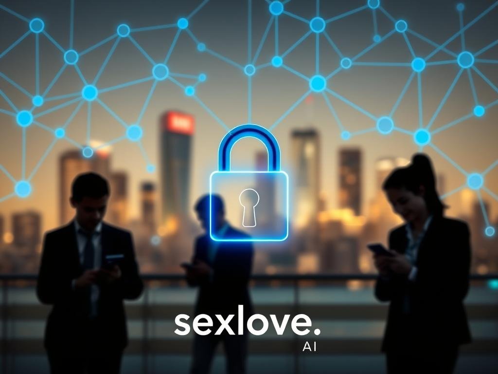 An abstract representation of "Security and Privacy for a Trusted Experience." In the foreground, a sleek digital lock symbol shines with a blue glow, symbolizing protection and security. Surrounding it, interconnected lines representing data flows form a secure network pattern. In the middle ground, subtle silhouettes of diverse individuals in professional business attire engage with digital devices, their expressions calm and focused. In the background, a soft-focus cityscape reflects a modern, technological environment, with warm lighting that creates a welcoming yet secure atmosphere. The scene conveys a sense of trust and innovation, emphasizing the importance of privacy in digital interactions. The brand name "sexlove.ai" subtly incorporated in a creative yet non-intrusive manner within the design elements.