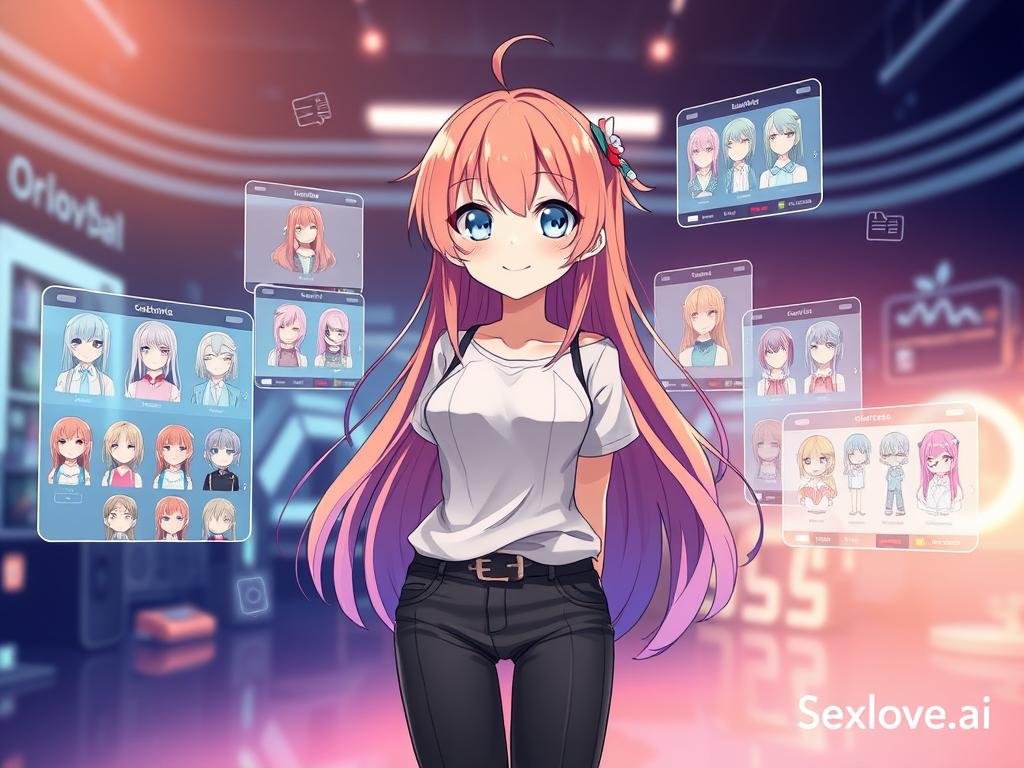 An illustration showcasing various customization options for an anime girl, standing confidently in the foreground. She has vibrant, long hair in a gradient of colors, large expressive eyes, and a friendly smile, wearing a stylish, fashionable outfit. Surrounding her are floating holographic screens displaying options for hairstyles, outfits, accessories, and personality traits, exuding a tech-savvy vibe. In the middle background, a futuristic digital setting enhances the mood, with soft, ambient lighting mimicking a serene atmosphere, while the backdrop features blurred outlines of advanced gadgets and virtual interfaces. The overall feel is lively and engaging, capturing the essence of creativity and personalization in an anime girlfriend experience. Include subtle branding at the corner, "Sexlove.ai", staying professional and clean.