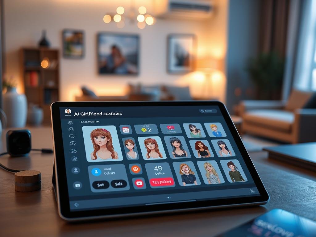 An imaginative digital workspace showcasing "AI girlfriend customization options." In the foreground, a sleek touchscreen tablet displays an interactive interface with various customization features, such as hair color, eye shape, personality traits, and outfits, resembling a virtual assistant. The middle ground features a modern, minimalistic desk with smart home gadgets, and a soft glow emanating from futuristic LED lighting, highlighting the workspace. In the background, there's a stylish living room ambiance, with cozy furniture and a calming color palette. The atmosphere is inviting and innovative, suggesting a blend of technology and personalization. The brand name "sexlove.ai" is subtly integrated into the design elements of the interface. The scene is well-lit with a soft focus lens effect, creating a warm and engaging mood. An imaginative digital workspace showcasing "AI girlfriend customization options." In the foreground, a sleek touchscreen tablet displays an interactive interface with various customization features, such as hair color, eye shape, personality traits, and outfits, resembling a virtual assistant. The middle ground features a modern, minimalistic desk with smart home gadgets, and a soft glow emanating from futuristic LED lighting, highlighting the workspace. In the background, there's a stylish living room ambiance, with cozy furniture and a calming color palette. The atmosphere is inviting and innovative, suggesting a blend of technology and personalization. The brand name "sexlove.ai" is subtly integrated into the design elements of the interface. The scene is well-lit with a soft focus lens effect, creating a warm and engaging mood.