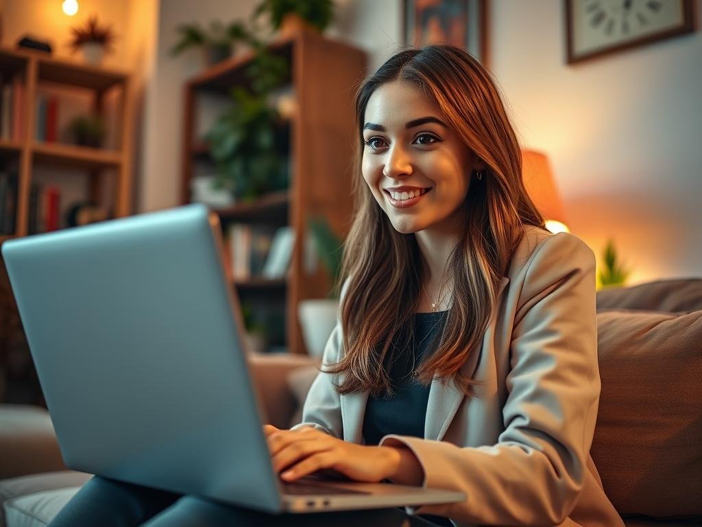 An inviting cozy room featuring a young woman with an engaging expression, sitting in front of a laptop, enjoying an animated chat with an AI girlfriend application. The woman has long brown hair, dressed in a smart casual outfit, embodying a friendly atmosphere. In the background, soft, warm lighting creates a relaxed vibe, with a bookshelf and potted plants adding to the homey feel. The laptop screen subtly reflects elements of the app, showcasing a friendly interface, but no text is visible. The camera angle is slightly tilted for a conversational perspective, making it feel intimate and immersive, as if the viewer is part of this engaging experience. The overall mood is one of warmth, connection, and curiosity, illustrating the joys of discovering a great AI companion. Include the brand name &ldquo;Sexlove.ai&rdquo; discreetly reflected on the screen.