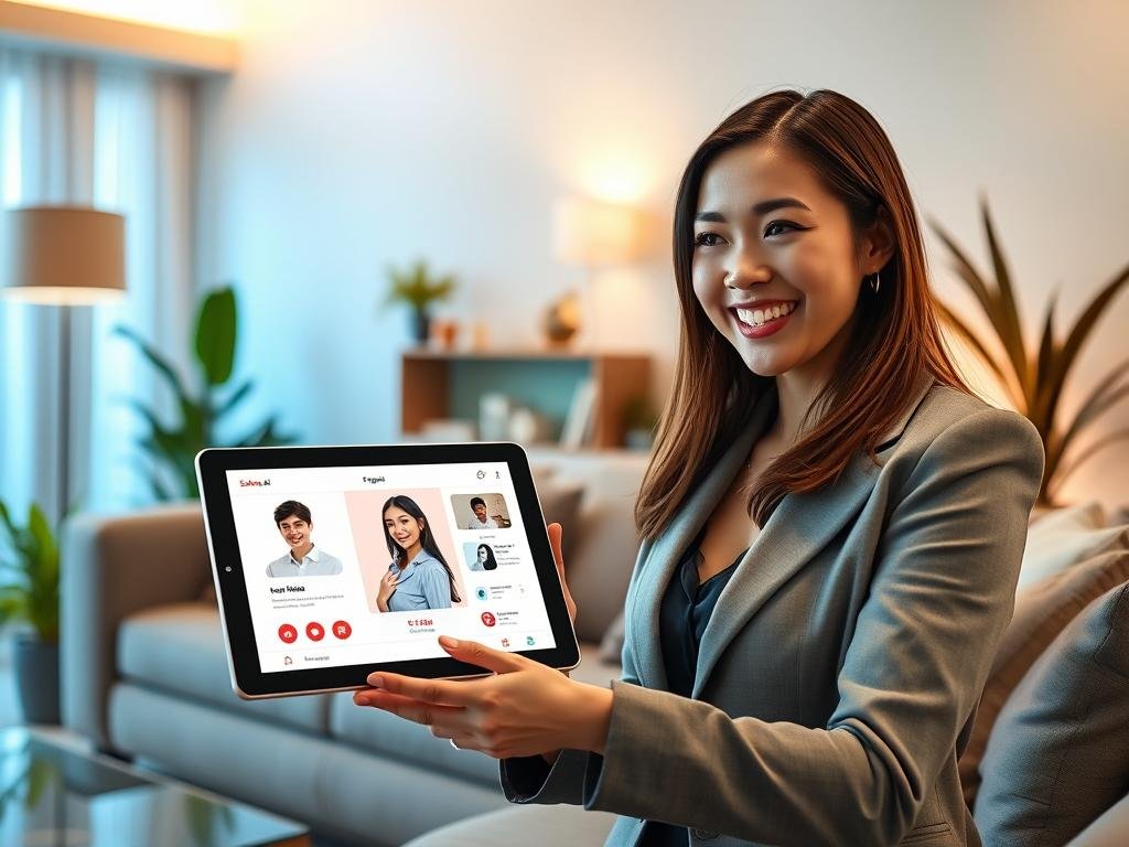 An inviting living room setting featuring a modern, stylish interface of the "sexlove.ai" AI girlfriend app displayed on a sleek tablet. In the foreground, a smiling young woman in professional business attire interacts with the app, her expression reflecting a sense of wonder and engagement. The middle ground includes soft and warm ambient lighting, highlighting the tablet's glowing screen. In the background, a cozy ambiance is created with comfortable furniture, soft textures, and decorative plants, emphasizing a relaxed, immersive space. The scene conveys a friendly and approachable atmosphere, showcasing the innovative technology of the app while ensuring the content remains safe for work. The focus is on the harmonious blend of technology and human connection.