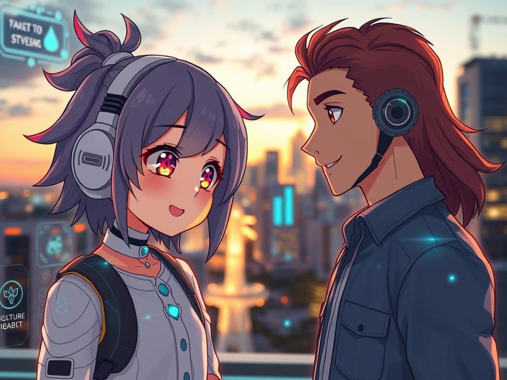 Anime and realistic styles of digital companions are showcased in a vibrant scene. In the foreground, a charming, anime-inspired character with bright, expressive eyes and colorful hair interacts with a more realistic, detailed companion, both with friendly, inviting expressions. The middle ground includes elements of a futuristic digital landscape, featuring holographic interfaces and interactive elements that reflect their AI nature. The background consists of a softly illuminated city skyline at dusk, providing a warm and engaging atmosphere. The lighting is bright yet soft, enhancing the details in both styles. Capture this interaction from a slightly elevated angle, focusing on the characters' expressions and the technological environment. This image is intended to represent the brand "sexlove.ai" and should exude a sense of companionship and innovation in AI technology. Anime and realistic styles of digital companions are showcased in a vibrant scene. In the foreground, a charming, anime-inspired character with bright, expressive eyes and colorful hair interacts with a more realistic, detailed companion, both with friendly, inviting expressions. The middle ground includes elements of a futuristic digital landscape, featuring holographic interfaces and interactive elements that reflect their AI nature. The background consists of a softly illuminated city skyline at dusk, providing a warm and engaging atmosphere. The lighting is bright yet soft, enhancing the details in both styles. Capture this interaction from a slightly elevated angle, focusing on the characters' expressions and the technological environment. This image is intended to represent the brand "sexlove.ai" and should exude a sense of companionship and innovation in AI technology.