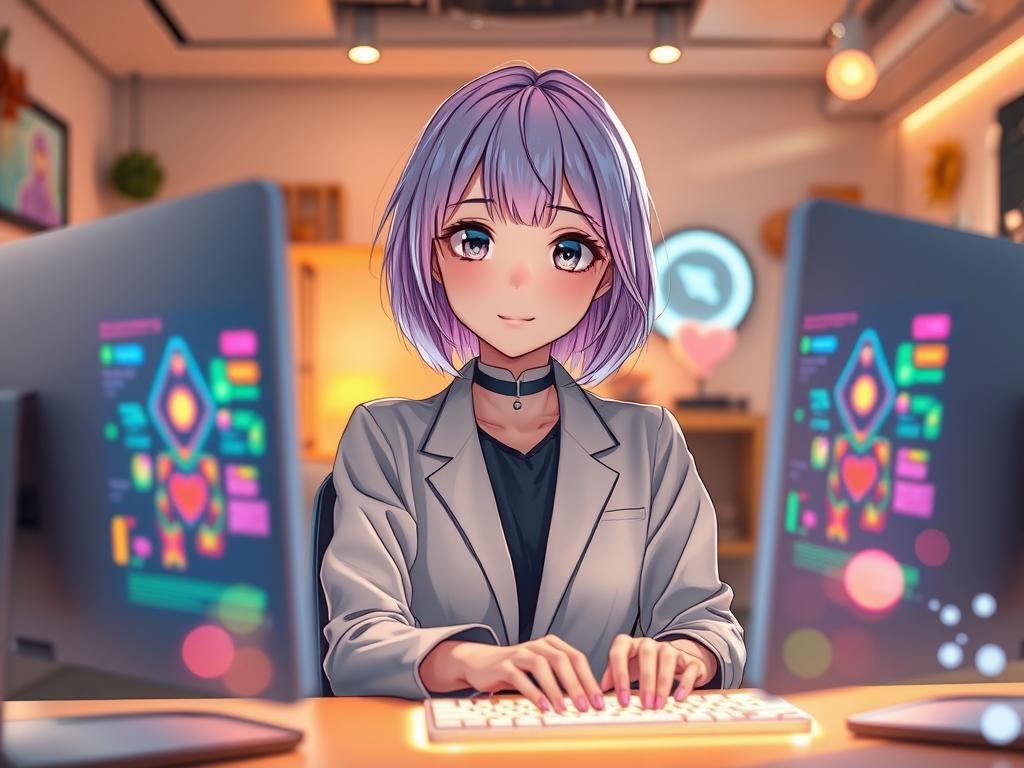 Anime girlfriend character, a young woman with large expressive eyes and vibrant pastel hair, wearing a stylish yet modest outfit that blends modern fashion with anime aesthetics. She sits at a computer desk surrounded by holographic screens displaying colorful, interactive AI interface elements. The foreground features a soft, glowing light that highlights her face, with a gentle bokeh effect on her workspace, capturing a cozy vibe. In the middle, her hands are delicately typing, showcasing her engaged personality. The background includes a futuristic room with warm, ambient lighting and whimsical decorations. The atmosphere feels inviting, showcasing creativity and technology in harmony. Please include the brand name "Sexlove.ai" subtly integrated into the environment, ensuring it remains professional and unobtrusive.