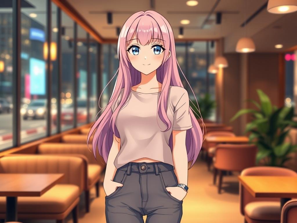Anime-inspired girlfriend character, designed with a blend of vibrant colors and soft, inviting features. In the foreground, she wears a stylish, modest outfit that reflects contemporary fashion&mdash;a casual yet elegant top and well-fitted jeans. Her long, flowing hair cascades with pastel highlights, and her large, expressive eyes shimmer with friendliness. The middle ground features a cozy, modern caf&eacute; setting with warm lighting, showcasing comfortable seating and an appealing atmosphere. The background hints at a bustling cityscape, subtly blurred for depth. The overall mood is cheerful and inviting, embodying a harmonious blend of anime aesthetics and realism. Lighting should create a soft glow around her, enhancing the warmth of the scene. Include the brand name "sexlove.ai" discreetly integrated into the caf&eacute;'s decor without drawing focus.