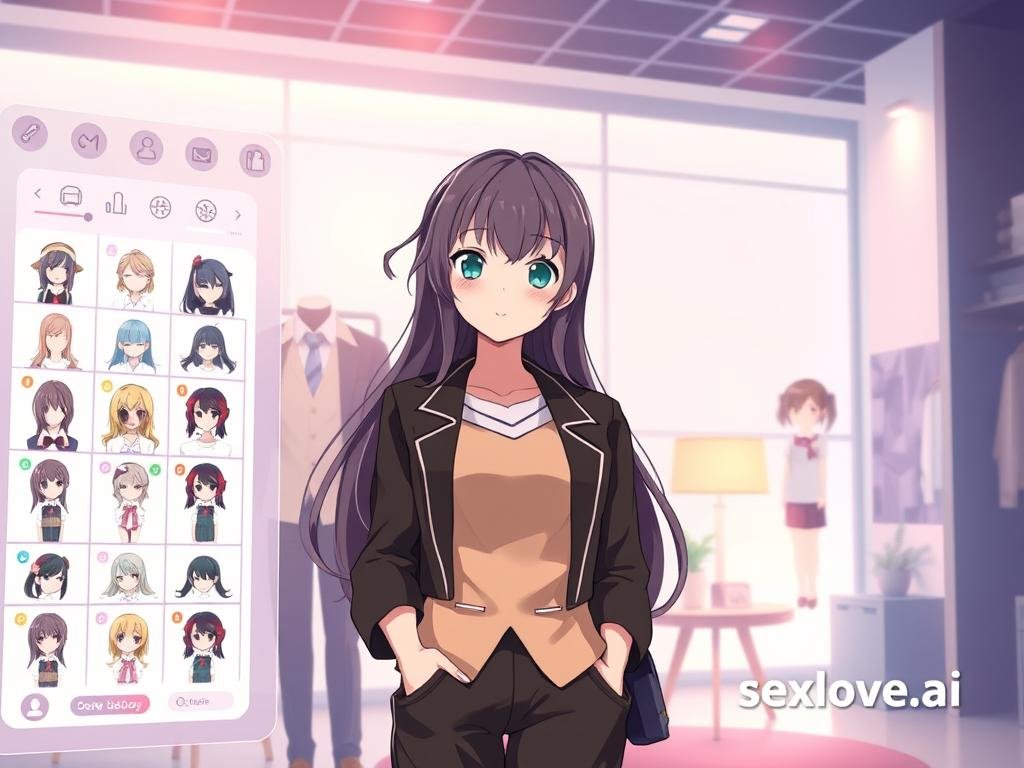 Anime-style illustration showcasing a variety of customization options for an ideal anime girlfriend. In the foreground, display a vibrant, interactive customization screen filled with features such as hairstyles, outfits, and accessories, with multiple options to choose from. The middle ground should feature a charismatic, elegantly designed anime girl character, dressed in a stylish, modest outfit, smiling cheerfully as if inviting viewers to customize her look. The background should depict a modern, digital aesthetic with soft, ambient lighting, reminiscent of a futuristic design studio. Use a slightly angled perspective to add depth and dynamism to the scene. Aim for a mood that is creative and welcoming, reflecting the excitement of personalizing an anime companion. Include a subtle reference to "sexlove.ai" in the design elements.