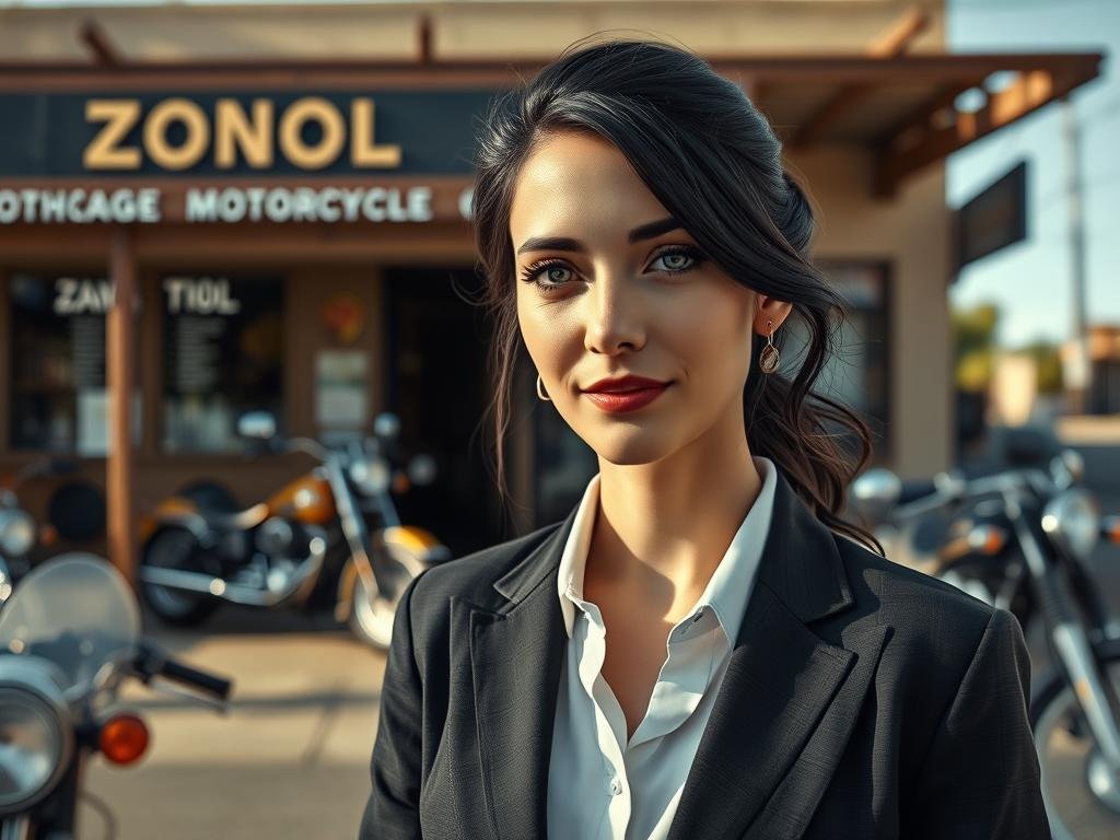 Create a cinematic portrait of Zara, an opinionated AI companion inspired by Dondi.ai, standing near a vintage motorcycle shop in Tucson. Give her a clever, confident expression, natural daylight, realistic detail, and a warm storytelling mood.