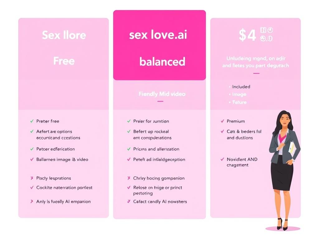 Create a clean, modern comparison graphic for SexLove.ai pricing plans, showing a free option, a balanced mid-tier option, and a premium option with chat, image, and video benefits. Use a warm purple and pink color palette, clear American English labels, and a friendly AI companion theme. Create a clean, modern comparison graphic for SexLove.ai pricing plans, showing a free option, a balanced mid-tier option, and a premium option with chat, image, and video benefits. Use a warm purple and pink color palette, clear American English labels, and a friendly AI companion theme.