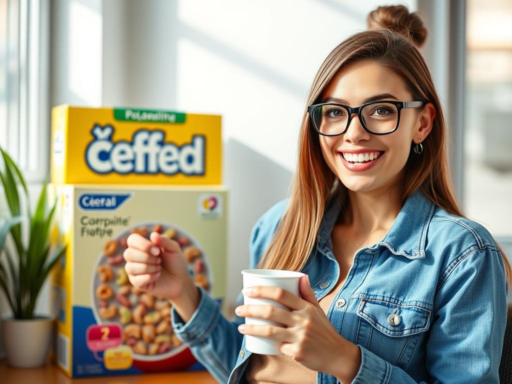 Create a playful portrait of a witty adult AI companion inspired by GirlFriend GPT, holding a coffee cup beside a colorful cereal box. Use bright natural light, expressive body language, and a clever smile to suggest humor and intelligence.