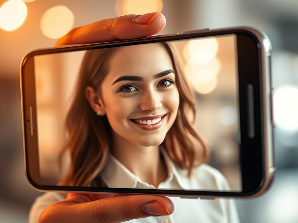 Create a polished editorial image of a friendly AI woman on a smartphone screen, warm lighting, modern interface, safe adult design, no logos, realistic but non-explicit style. Create a polished editorial image of a friendly AI woman on a smartphone screen, warm lighting, modern interface, safe adult design, no logos, realistic but non-explicit style.