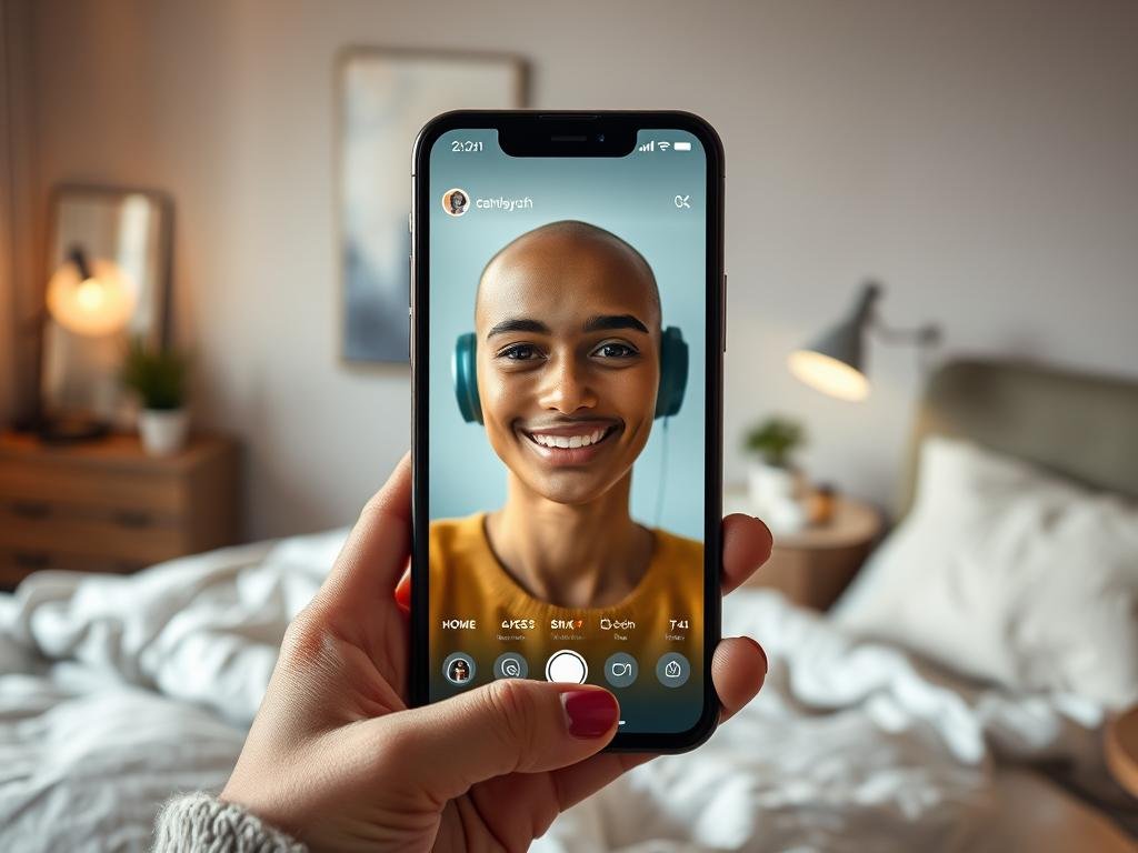Create a polished lifestyle image of a warm, confident virtual AI girlfriend on a smartphone screen, realistic Instagram-style lighting, natural expression, modern bedroom setting, subtle futuristic details, no text, no watermark.