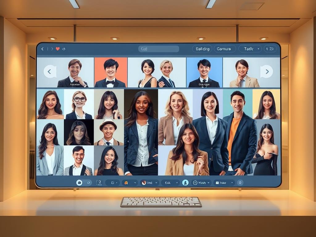 Create a polished promotional image for the SexLove.ai AI girlfriend platform: a diverse digital companion gallery, modern interface, warm lighting, elegant design, and a welcoming personal feel. Avoid real-person likenesses, logos, and explicit imagery.