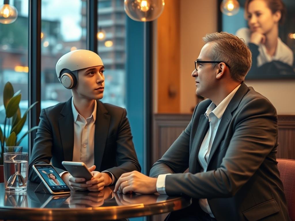 Create a realistic scene of Dondi.ai&rsquo;s AI companion Zara chatting with a user at a cozy Tucson caf&eacute;, with natural expressions, warm lighting, and a modern smartphone showing an ongoing conversation.