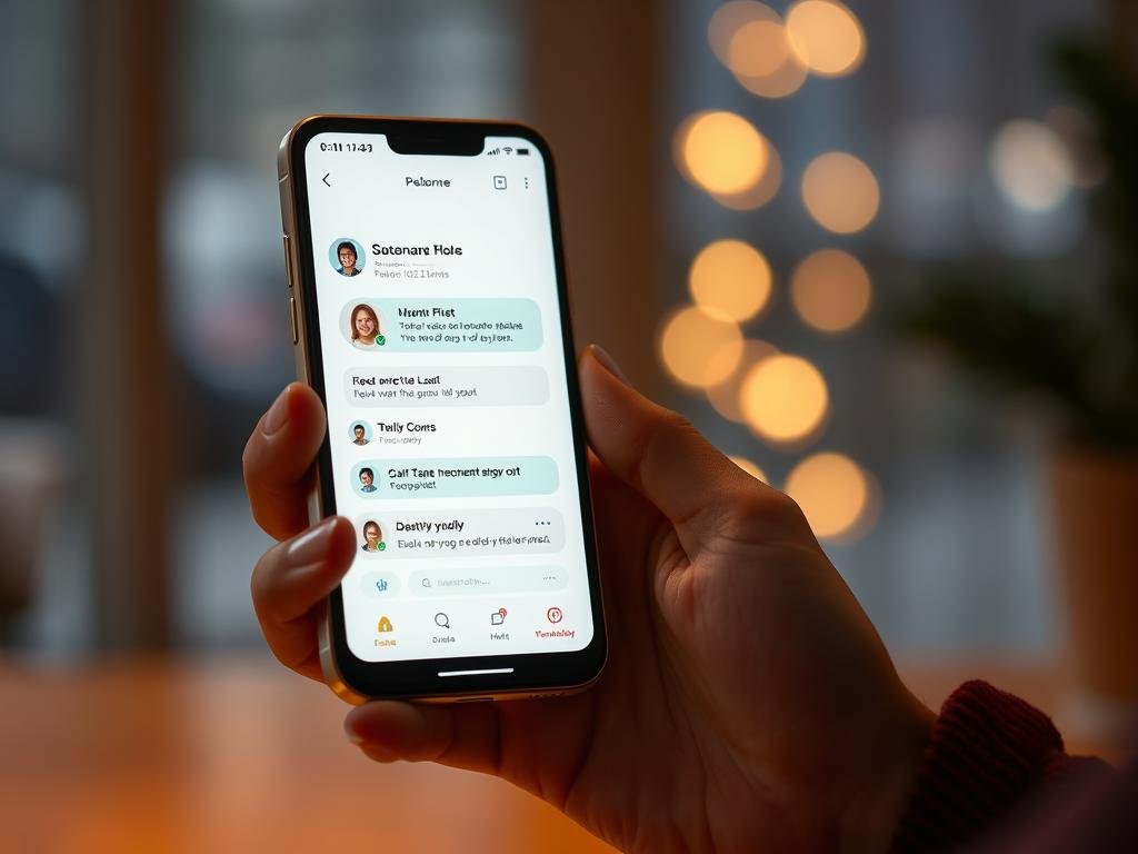 Create a realistic, welcoming digital AI companion interface on a smartphone, with warm lighting, expressive design elements, and a modern US app experience. Focus on personality, customization, and friendly chat features. No physical body, no explicit content.