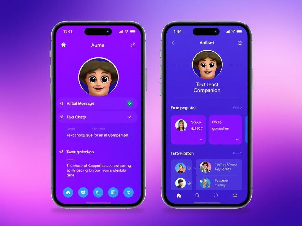 Create a sophisticated AI girlfriend app interface branded “SexLove.ai,” showing a confident virtual companion with expressive eyes, a detailed personality profile, text chat, voice message controls, photo generation, and tasteful customization panels. Use a modern purple and blue interface, no nudity, and no explicit sexual imagery. Create a sophisticated AI girlfriend app interface branded “SexLove.ai,” showing a confident virtual companion with expressive eyes, a detailed personality profile, text chat, voice message controls, photo generation, and tasteful customization panels. Use a modern purple and blue interface, no nudity, and no explicit sexual imagery.